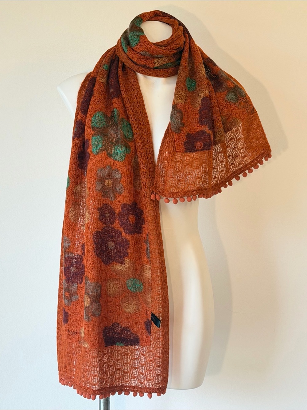 Rust Floral Knit Scarf w/Floral Print & Pom Trim